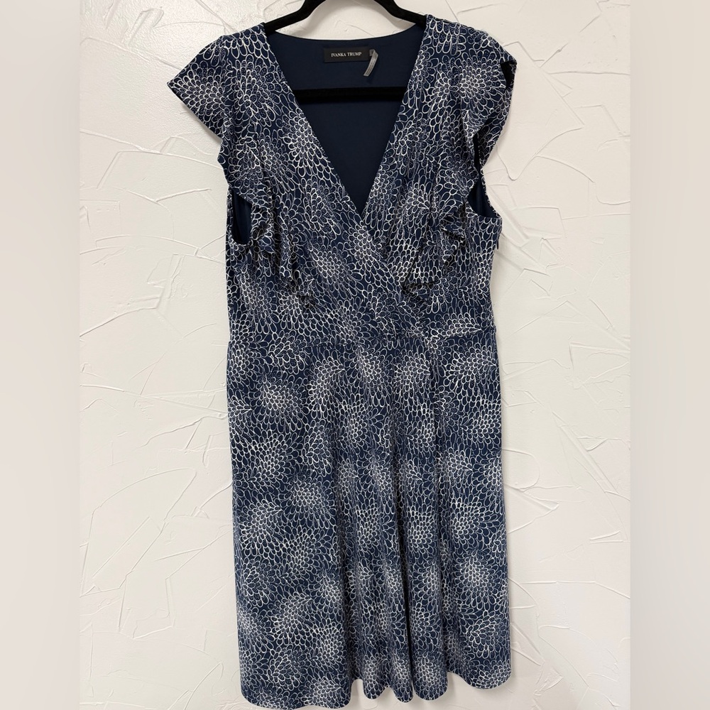 Ivanka Trump Women’s Floral Faux Wrap V Neck Blue and White Dress